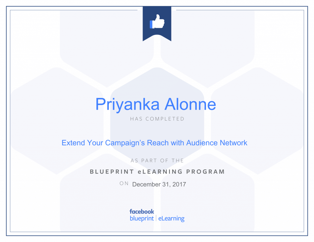 Facebook Blueprint Certification -Extend Your Campaign’s Reach with Audience Network by Priyanka Alone at ThinkCode.