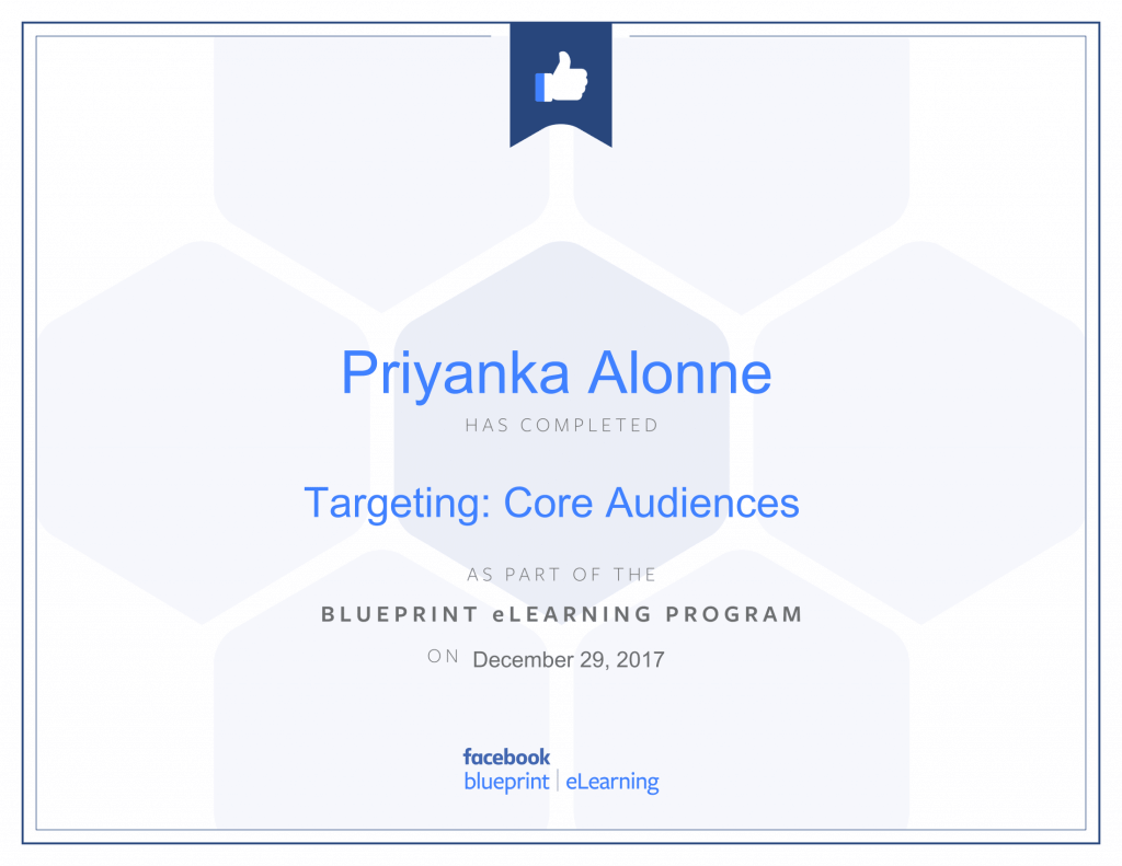 Facebook Blueprint Certification -Targeting Core Audiences by Priyanka Alone at ThinkCode.